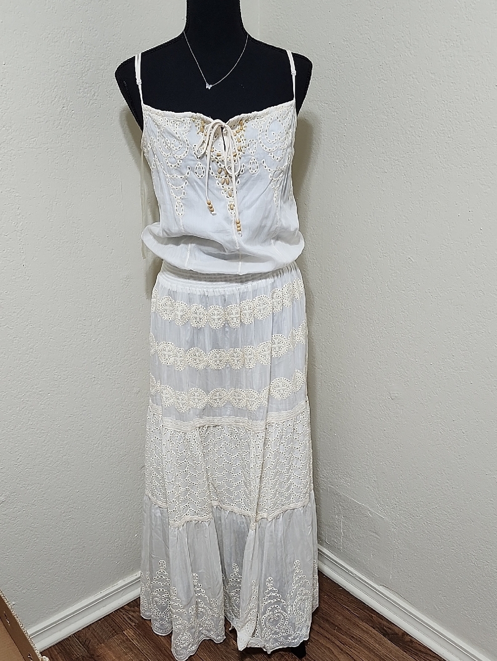 Hale Bob Cabana Living Easy White Cotton Eyelet Maxi Dress Sz S Boho Festival
